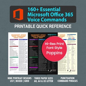 Könnte beinhalten: Ein druckbares Spickzettel mit über 160 wichtigen Microsoft Office 365 Sprachbefehlen. Der Spickzettel ist in drei Abschnitte unterteilt: Microsoft Office Sprachbefehle Spickzettel, Microsoft Office Sprachbefehle Spickzettel und Microsoft Office Befehle Spickzettel. Der Spickzettel ist in neun Hochformat-Designs verfügbar: Liste, Box und Raster. Er ist auch in drei Papiergrößen erhältlich: A0, A4 und US Letter. Der Spickzettel verfügt über einen hochauflösenden Druck mit einem Poppins-Schriftstil.