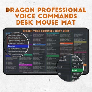 May include: A black and gray desk mouse mat with a green, white, and red cheat sheet for Dragon voice commands. The cheat sheet includes commands for common tasks, Microsoft Word, Excel, PowerPoint, and more.