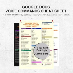May include: A Google Docs Voice Commands Cheat Sheet with the text "GOOGLE DOCS VOICE COMMANDS CHEAT SHEET". The document features a Comic Sans font, three styles, and three backgrounds. It is available in high-resolution PDFs and Jpegs.