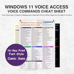 Op de afbeelding: Een spiekbriefje voor Windows 11 Voice Access spraakopdrachten. Het document bevat een lijst met opdrachten, met de tekst "Windows 11 Voice Access commands cheat sheet" bovenaan. De letterstijl is Comic Sans, en de grootte is A3.