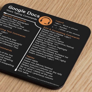 May include: Black and orange Google Docs voice typing commands cheat sheet. The cheat sheet lists commands for general use, editing text, formatting, and tables. The cheat sheet also includes a legend explaining the symbols used.