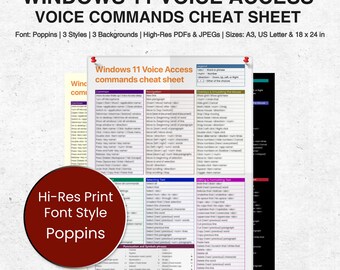 Windows 11 Voice Access Commands Cheat Sheet – Poppins Font – PDF + Jpeg - Printable A3, US Letter , 18x24 - Includes Punctuation Phrases