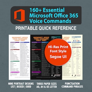 May include: A printable cheat sheet featuring over 160 essential Microsoft Office 365 voice commands. The cheat sheet is divided into three sections: Microsoft Office Voice Commands Cheat Sheet, Microsoft Office Voice Commands Cheat Sheet, and Office Commands Cheat Sheet. The cheat sheet is designed for high-resolution printing and uses the Segoe UI font style.
