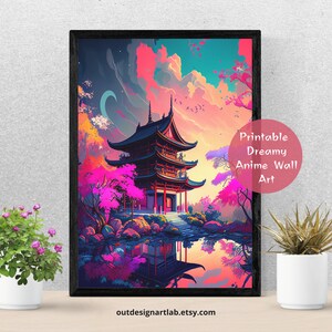 Anime Poster Japanese Temple | Beautiful Dreamy Poster Wall Art | Download Japanese Fantasy Landscape | printable