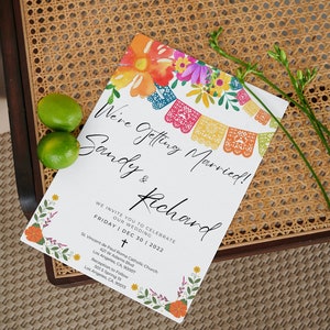 Simple Paper banner Wedding Invitation Colorful Floral Mexican Theme Printable Invitations Papel Picado Editable Digital Instant Download