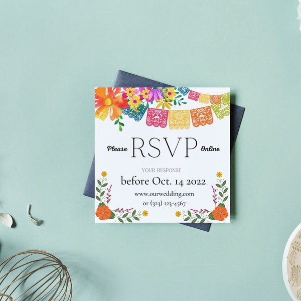 Simple Paper banner RSVP Colorful Floral Mexican Theme Printable Invitations Papel Picado Editable Digital Instant Download