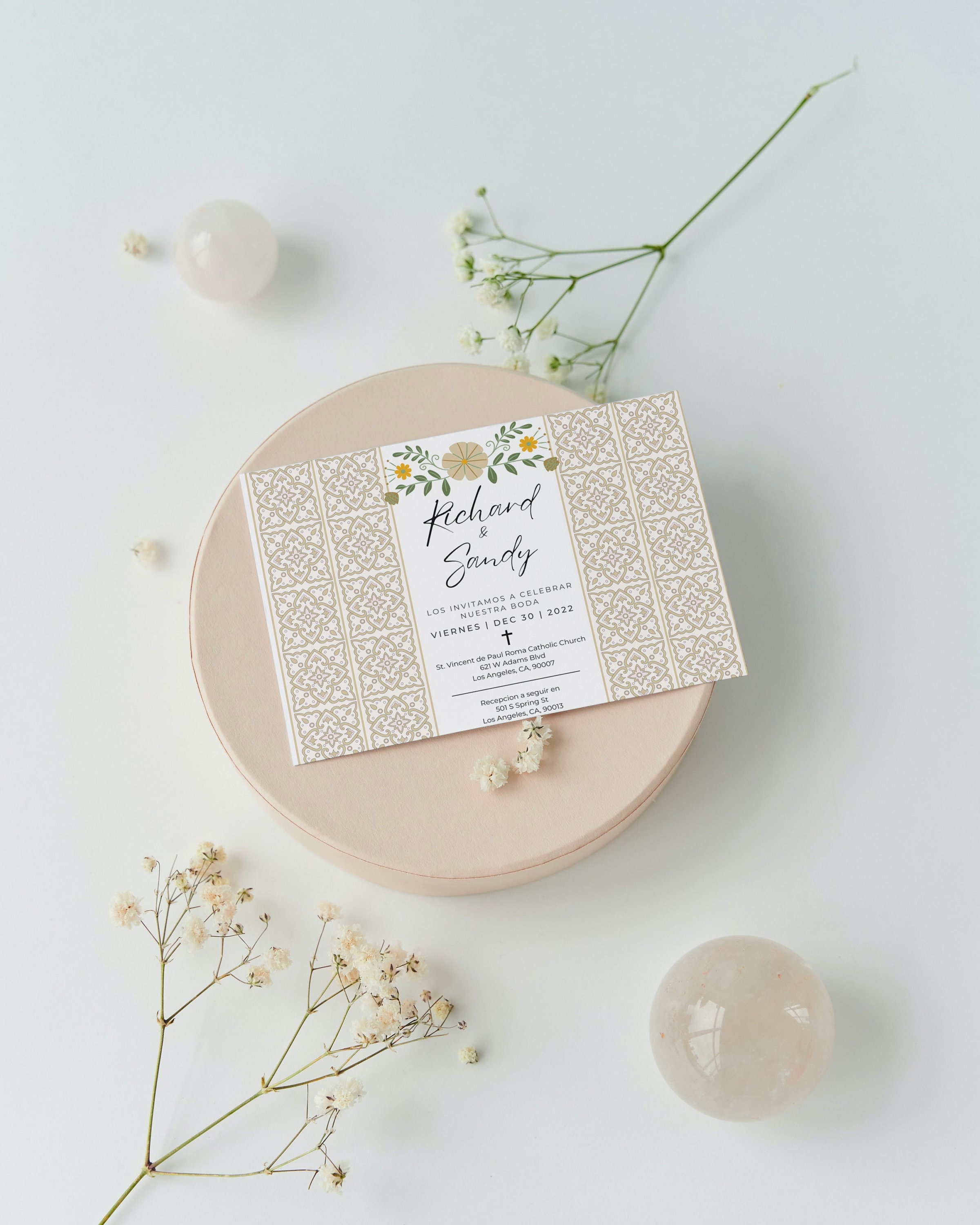 Simple Spanish Tile Latin Wedding Invitation Sandy Beige Tan Offwhite Boho Mexican Theme Printable Invitations Digital
