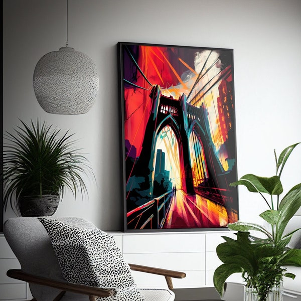 Colorful Brooklyn Wall Art, Expressionist Wall Art, Abstract Wall Art, Brooklyn Bridge Art, New York City Art Print, Trendy Poster, Colorful