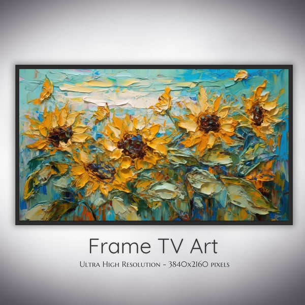 Samsung Frame TV Art, Sunflowers and Bees, Palette Knife Oil Painting, Van Gogh Style, Turquoise Sky, Warm Tones, Frame TV Art Floral