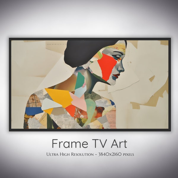 Samsung Frame Tv Art, Collage, Abstract Female Maps, Minimalist Picasso Style, Multicolored Cut Ripped Books, Assemblage Art, Tv Frame Decor