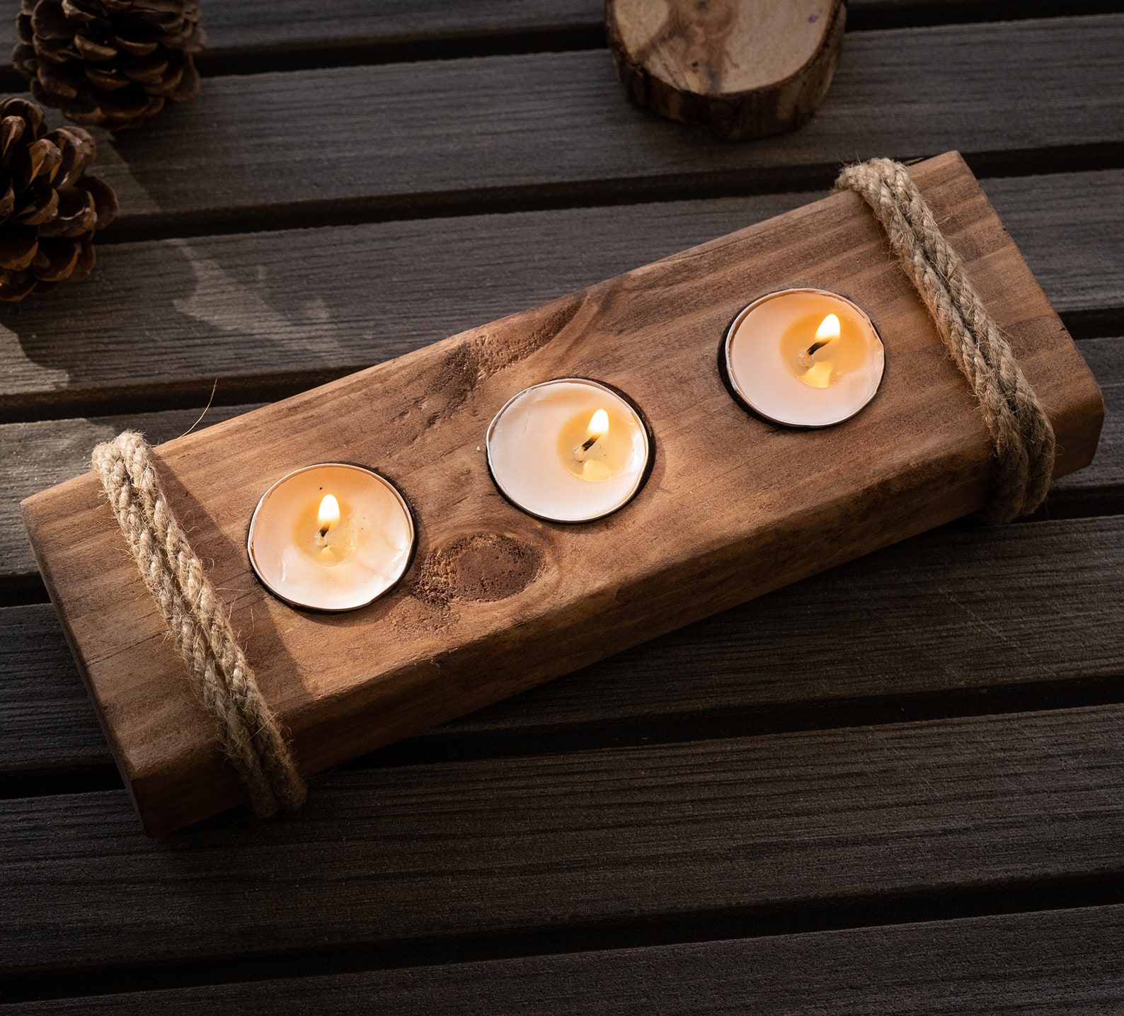 Tea Light Wooden Candle Holder, Natural Massive Walnut Candlestick