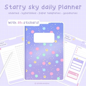 May include: A digital planner with a starry sky theme. The cover features a purple gradient background with pastel pink, blue, and green flowers and yellow stars. The planner includes a daily planner, habit tracker, and stickers. The text "Starry sky daily Planner" is at the top of the image. The text "undated - hyperlinked - Paper templates - goodnotes" is below the title. The text "with 20+ stickers!" is below the first line of text. The text "@sprinkle.andspice" is at the bottom of the image.