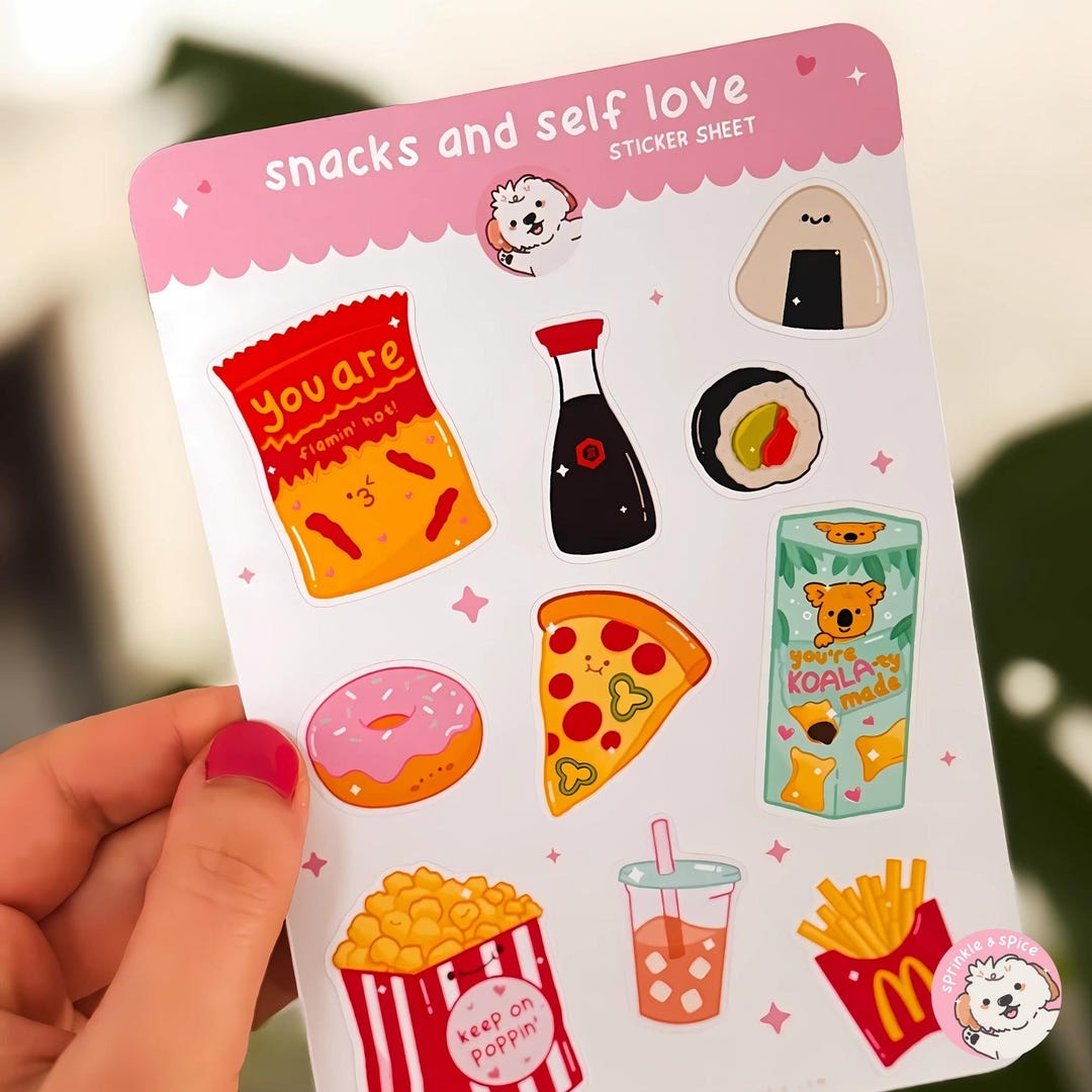 Kawaii Food Sticker Sheet: Self Love Planner Stickers, Matte Vinyl ...