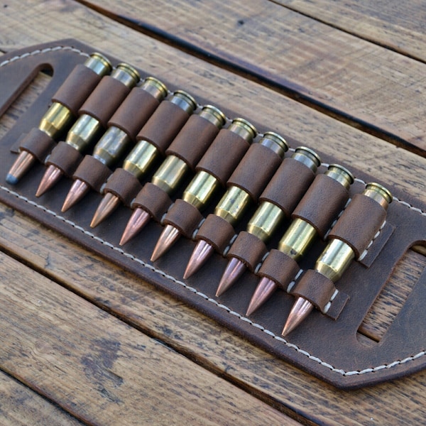 Leather Cartridge Holder 10 Ammo Capacity, Ammo Holder, Ammo carrier, Belt Bandolier, 2 Ply Leather %100 handmade