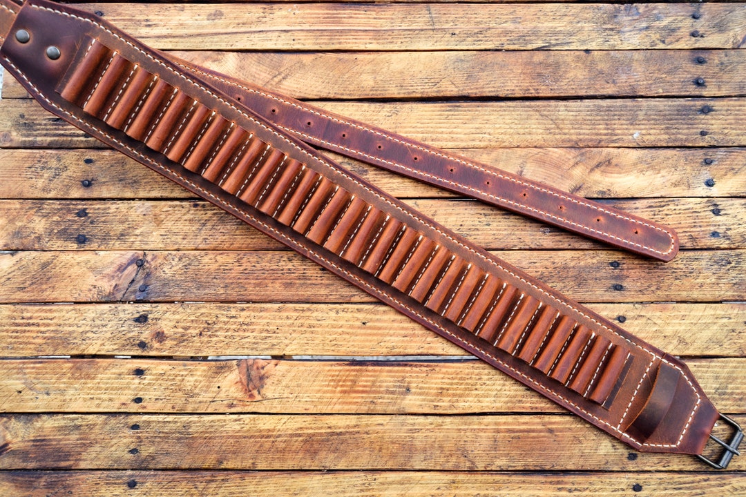 thumbnail interactive-video image 1 of Vintage Brown Cowhide Leather Cartridge Belt - Adjustable Bandolier For .22 Caliber, Holds 30 Rounds 1 of 12