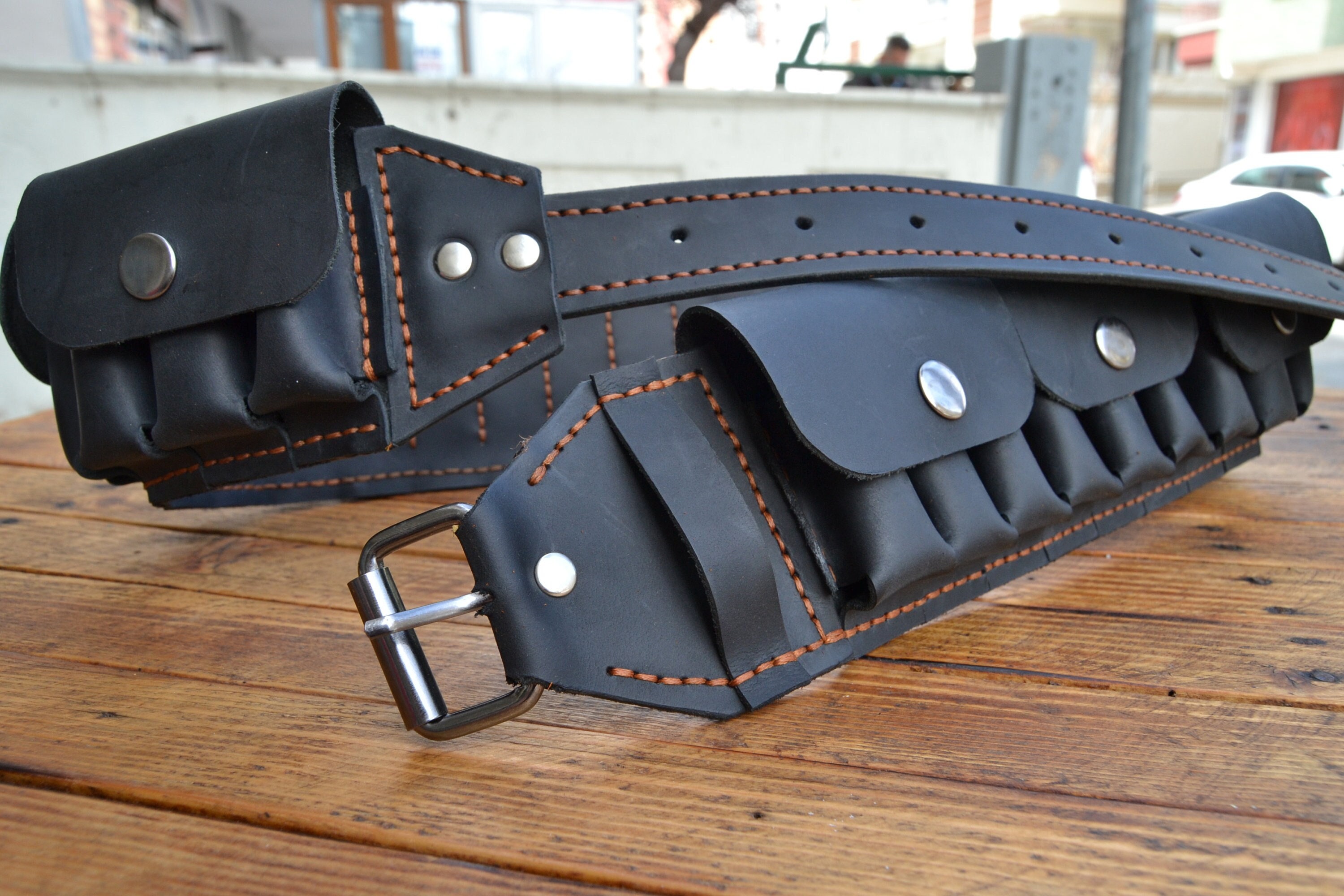 Black Leather Bandolier, Leather Cartridge Belt, Bandoleer Handsewing