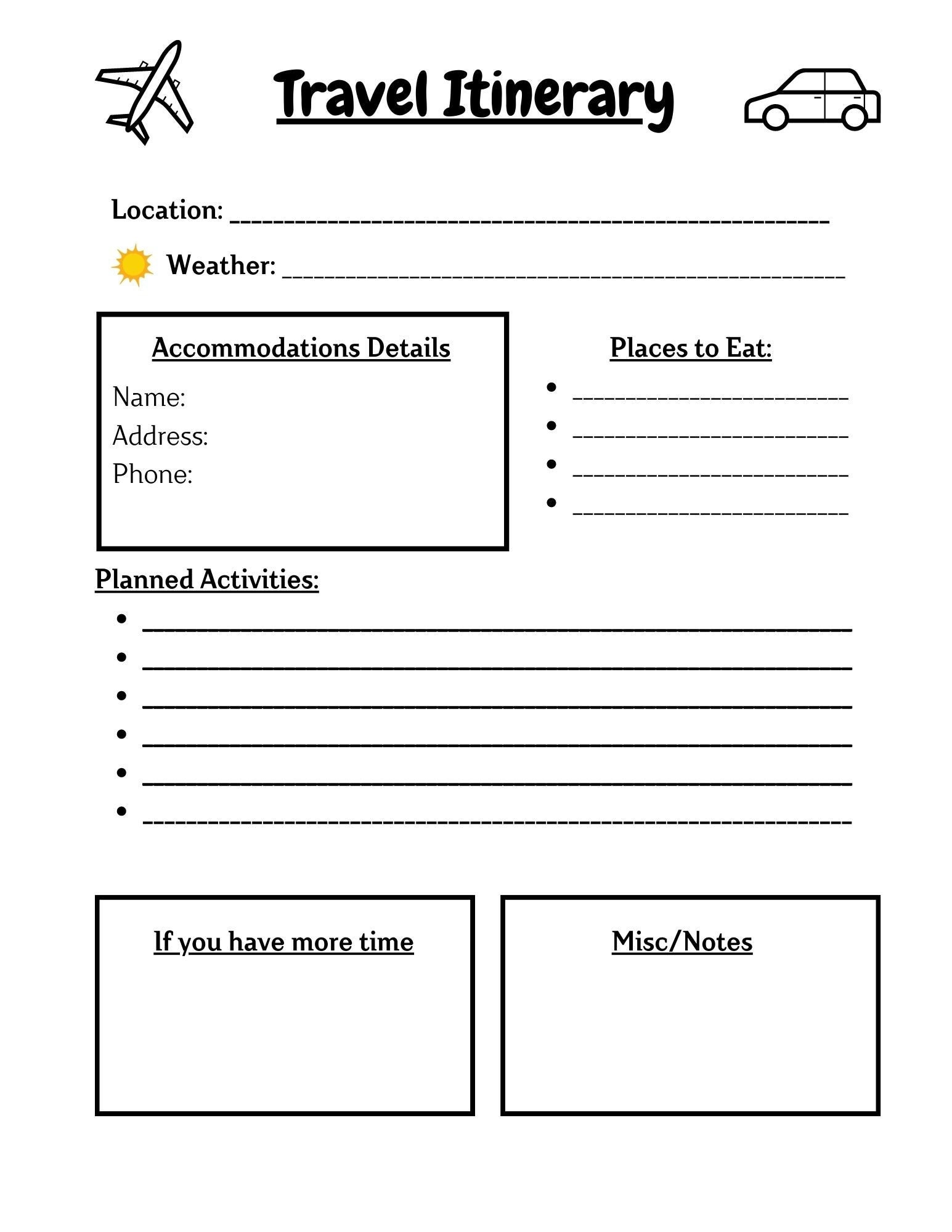 Printable Travel Itinerary, Travel Plan Printable, Vacation Itinerary ...