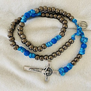 Rugged St. Benedict Paracord Rosary - Blue & Gunmetal Beads, Catholic Warrior Rosary