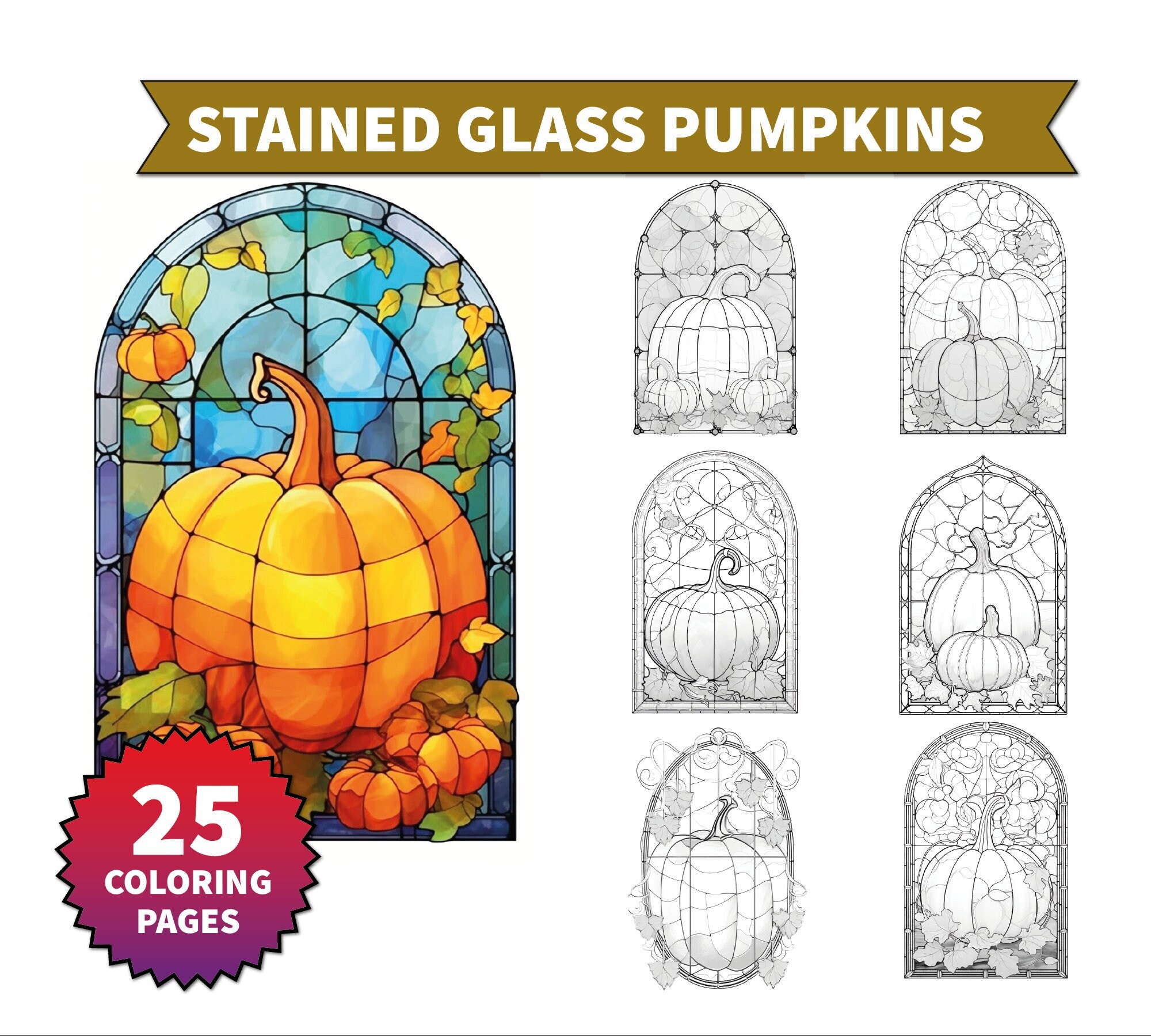 25 Stained Glass Pumpkins Fantasy Autumn Coloring Page for - Etsy