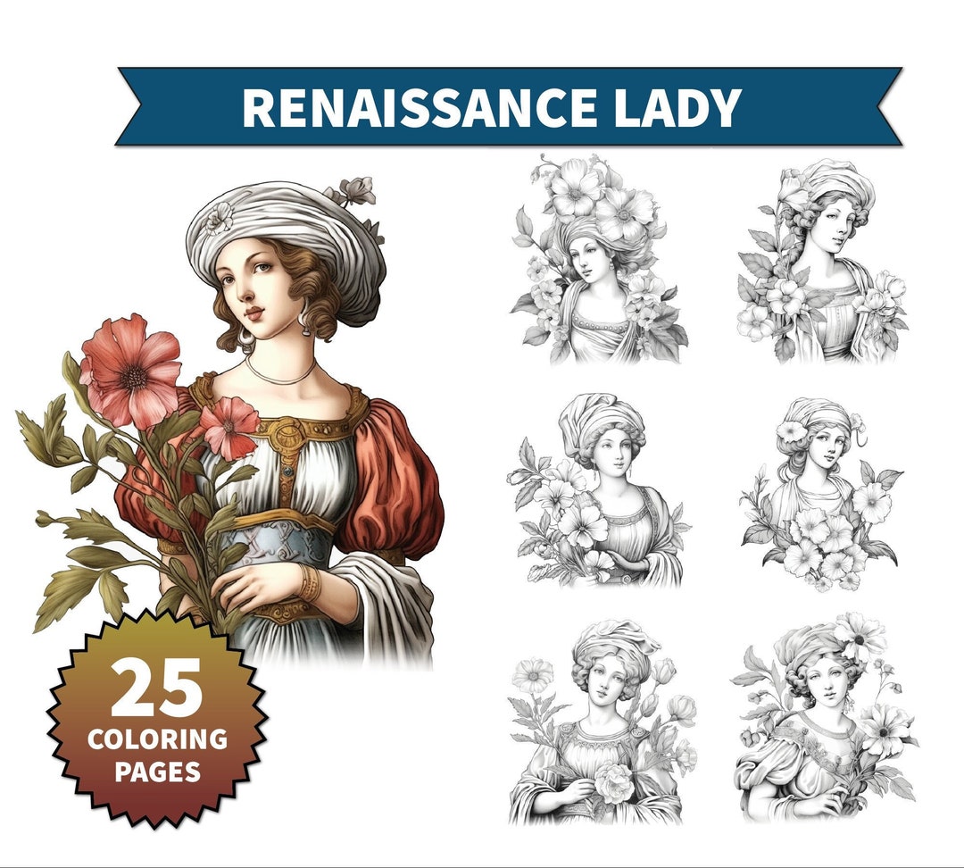 25 Renaissance Floral Lady Coloring Pages Flowers Line Art - Etsy