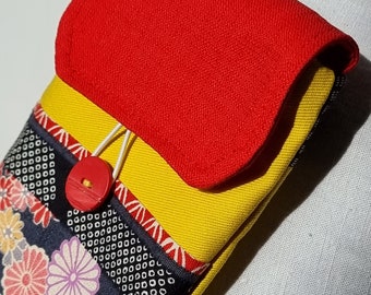 Pouch case for phone / smartphone / glasses / papers / card games. Collage of recycled fabrics, patchwork. handmade