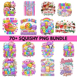 Puede incluir: Una colección digital de más de 70 gráficos coloridos estilo caricatura que presentan varios juguetes squishy, animales y alimentos con caras alegres. Las imágenes incluyen frases de texto como Squish Squad, Squish Sweet Vibes y Stay Merry Stay Squishy.