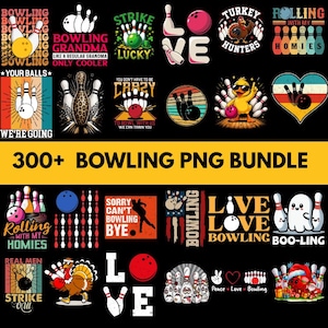 Może przedstawiać: Cyfrowa kolekcja ponad 300 projektów graficznych o tematyce bowlingowej, zawierająca różne ilustracje kręgli, kul, indyków, duchów oraz humorystyczne hasła tekstowe, takie jak Bowling Grandma, Rolling With My Homies i Live Love Bowling.
