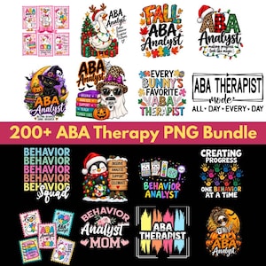 May include: A digital collection of 200+ ABA therapy PNG designs featuring colorful illustrations of geese, penguins, ghosts, and pumpkins. The graphics include text such as ABA Analyst, Behavior Squad, and ABA Therapist, with various holiday and seasonal themes.