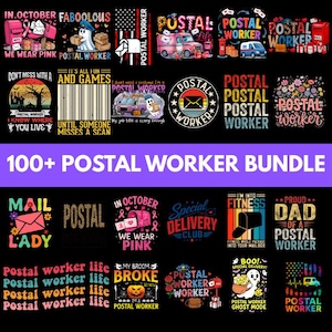 Puede incluir: Una colección digital de más de 100 diseños gráficos con temas de trabajadores postales, incluyendo ilustraciones de buzones, camiones de reparto, fantasmas, calabazas y textos como Postal Worker, Special Delivery Club y Mail Lady.