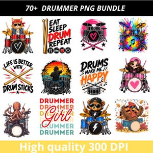 Può includere: Una collezione digitale di oltre 70 grafiche PNG a tema batterista che include illustrazioni di gatti, orsi e tacchini che suonano la batteria, insieme a design di testo come Eat Sleep Drum Repeat e Drummer Girl, in alta qualità a 300 DPI.