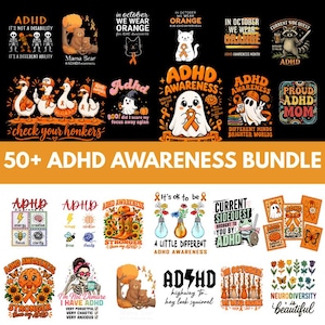 Può includere: Una collezione digitale di oltre 50 design grafici per la consapevolezza dell'ADHD con nastri arancioni, scheletri, orsi, fantasmi, anatre e motivi floreali. Le grafiche includono testi come ADHD, In October We Wear Orange e Proud ADHD Mom su sfondi neri.