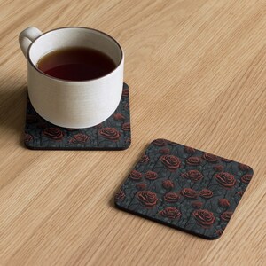 Dark Rose | Cork-back coaster | Red & Black Gothic Floral Design