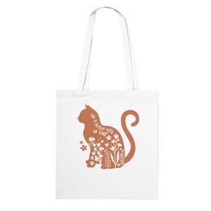 Life is better with a cat Tote Bag silhouette feline floral wildflower pink white 100% cotton eco friendly gifts for her