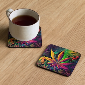 Untersetzer mit psychedelischen Blättern – farbenfrohes Kiffer-Geschenkset für Sie und Ihn, rutschfeste Korkrückseite