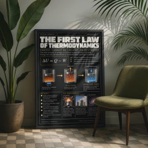 Può includere: Un poster educativo con cornice nera intitolato The First Law of Thermodynamics. Presenta l'equazione ΔU = Q - W, diagrammi di cilindri a gas con transizioni di calore e lavoro, punti chiave ed esempi del mondo reale come motori.