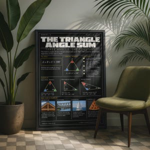May include: A black educational poster titled The Triangle Angle Sum, featuring geometric rules, diagrams of equilateral, right-angled, and obtuse triangles, and real-world examples including architecture, bridges, a sailboat, and pizza.