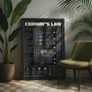 May include: A black framed educational poster titled Conway's Law, featuring white text and diagrams explaining software engineering concepts. The poster includes sections on the concept, visual examples, real-world examples, and practical tips.