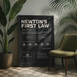 Puede incluir: Un póster negro enmarcado titulado Newton's First Law Inertia, con texto blanco que explica el principio físico, la fórmula ΣF = 0 → v = constant y diagramas que muestran esferas a velocidad constante y en reposo con una fuerza neta igual a cero.