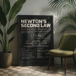 May include: A black framed educational poster titled Newton's Second Law Force & Acceleration. The poster features the formula ΣF = ma, diagrams of a block with force and acceleration arrows, and text explaining key points of classical mechanics.