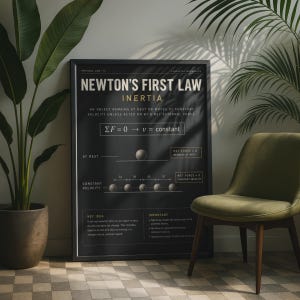 Op de afbeelding: Een zwart ingelijste educatieve poster met de titel Newton's First Law Inertia. De print bevat witte tekst die de wet uitlegt, de formule ΣF=0 → v=constant, en diagrammen die een object in rust en in beweging met constante snelheid tonen.