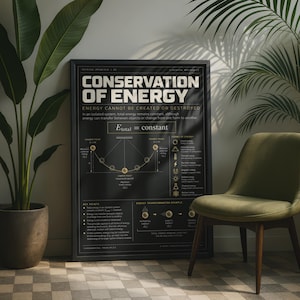 Op de afbeelding: Een zwarte educatieve poster met de titel Conservation of Energy met witte tekst en diagrammen. Het bevat de vergelijking Etotal = constant, een illustratie van pendelbeweging en een lijst met energievormen zoals kinetisch en thermisch.