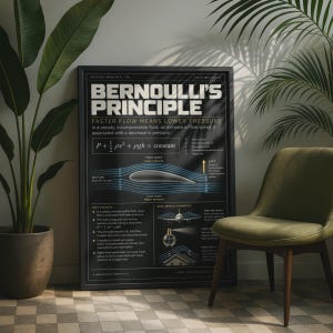 以下が含まれることがあります： 「Bernoulli's Principle」と題された黒い教育用ポスター。方程式「P + 1/2 ρv² + ρgh = constant」、翼型上の空気流の図、飛行機の翼、スプレーボトル、空気流線が描かれた家の屋根のイラストが記載されています。