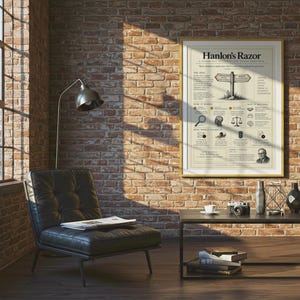 May include: A framed wall poster titled Hanlon's Razor, featuring a detailed infographic with text, a signpost illustration, icons, and a portrait. The poster is displayed on a red brick wall above a black metal coffee table and a black leather chair.