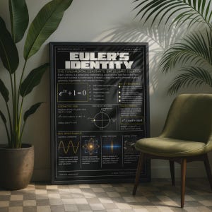 May include: A black framed poster titled Euler's Identity featuring white and gold text, mathematical equations, a unit circle diagram, and four graphical panels illustrating electrical engineering, quantum physics, signal processing, and control systems.