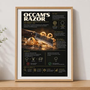 May include: A framed educational poster titled Occam's Razor with a black background, white text, and a central image of a metal blade resting on wood shavings. The poster explains the principle with diagrams, examples, and a how-to guide.