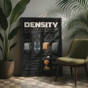 Può includere: Un poster educativo nero intitolato DENSITY MASS PER UNIT VOLUME, che presenta la formula rho uguale m su V, illustrazioni di alluminio, acqua, legno e ferro, oltre a punti chiave ed esempi del mondo reale come una nave e una mongolfiera.