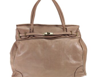 Large Kelly bag with handles made in Italy, genuine washed and dyed leather, vintage style