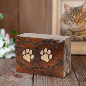 Engrave wooden pet urn | paw print pet memorial box | handmade Lichtenberg design keepsake