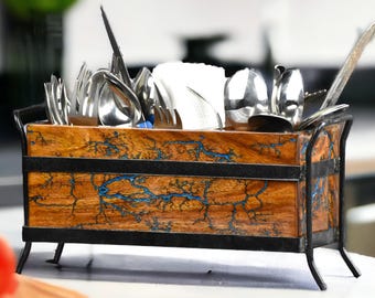 Besteckhalter aus Palisander - Inlay | Rustikaler Utensilienveranstalter | Aufbewahrungsbox für die Küche aus Holz