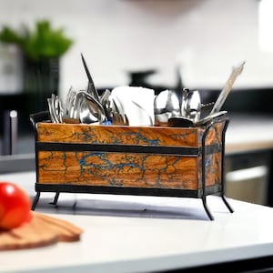 Handmade Rosewood Cutlery Holder – Fractal Burn & Epoxy Resin Inlay | Rustic Utensil Organizer | Wooden Kitchen Storage Box